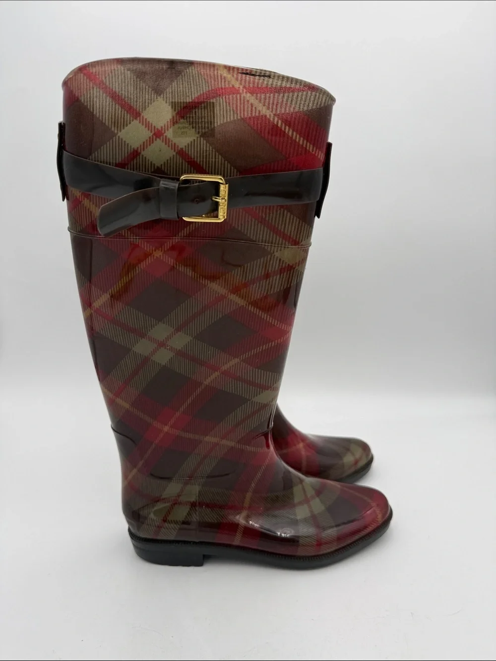Lauren Ralph Lauren Red Plaid Tall Rain Boots women 6  Black Strap outdoor